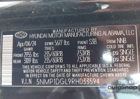 2024 Hyundai Santa Fe Se z USA, uszkodzony, nr VIN 5NMP1DGL9RH033594
